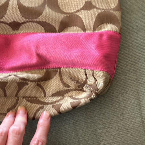 Coach Tan Purse with Pink Leather Straps. Pink stripe accent. - Picture 7 of 12